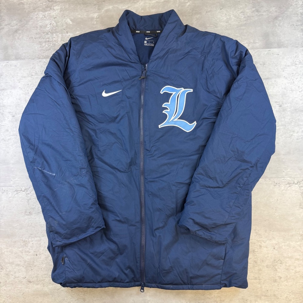 Nike Navy Blue Full Zip Fleece Lined Jacket Large Collegiate Patch Swoosh Logo